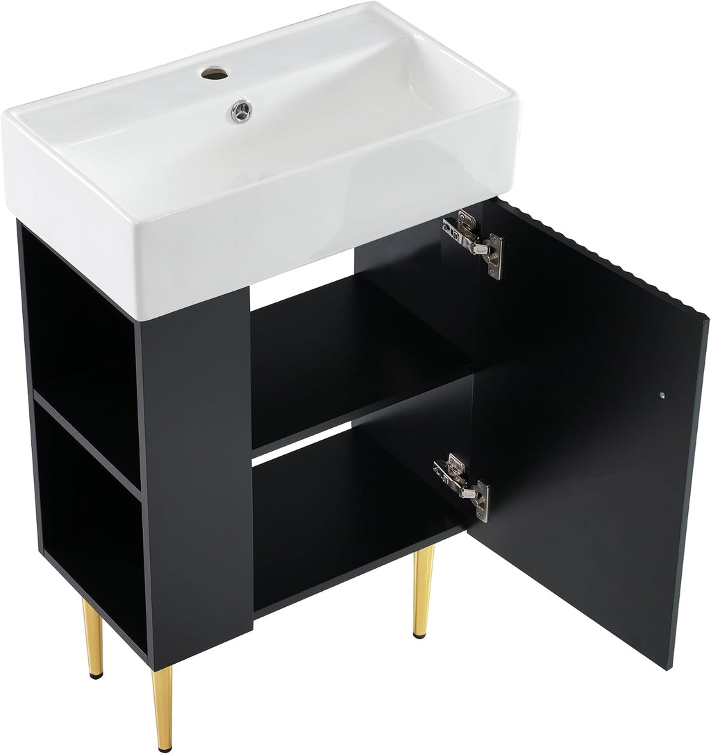 Merax 21.6 Inch Modern Bathroom Vanity with Sink, Undermount Ceramic Sink Vanity Set with Storage, Freestanding Bathroom Cabinet for Small Space, Black