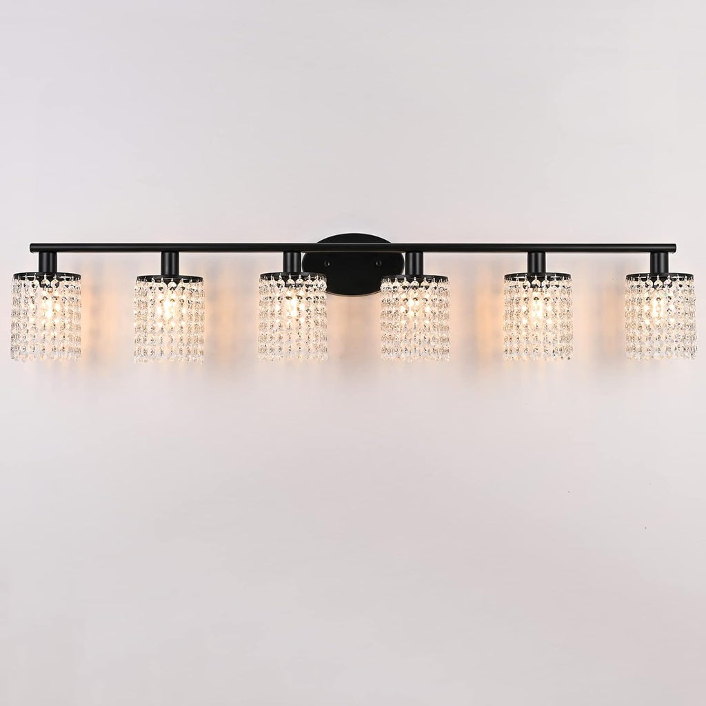 6-Light Bathroom Light Fixtures,Crystal Black Vanity Lights for Bathroom,Modern Bathroom Lights Over Mirror,Modern Black Wall Lights