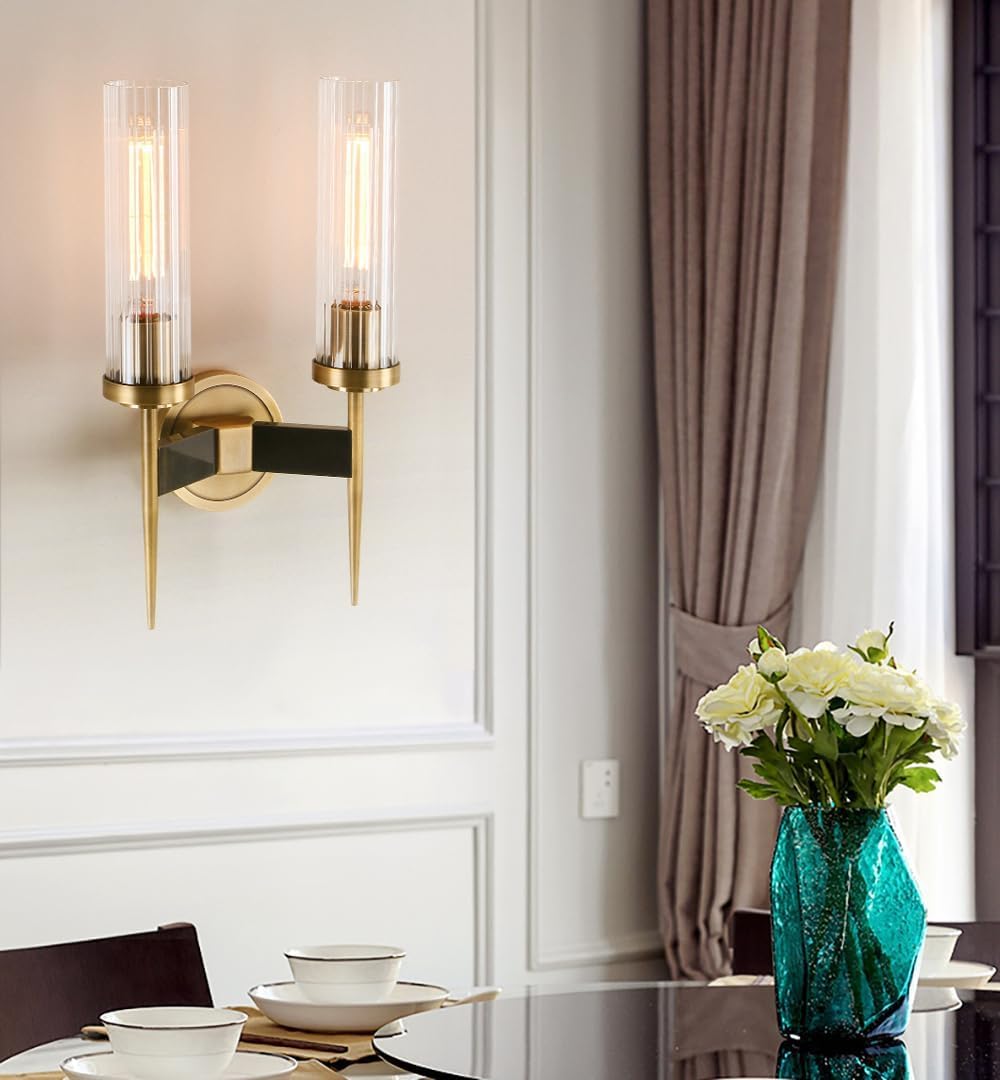 PERMO wall sconces 2 Lights Glod Wall Light Fixtures with 2.8' Cylindrical Clear Glass Shade Brass Double sconces for Living Room Bathroom Corridor Mirror Bedroom