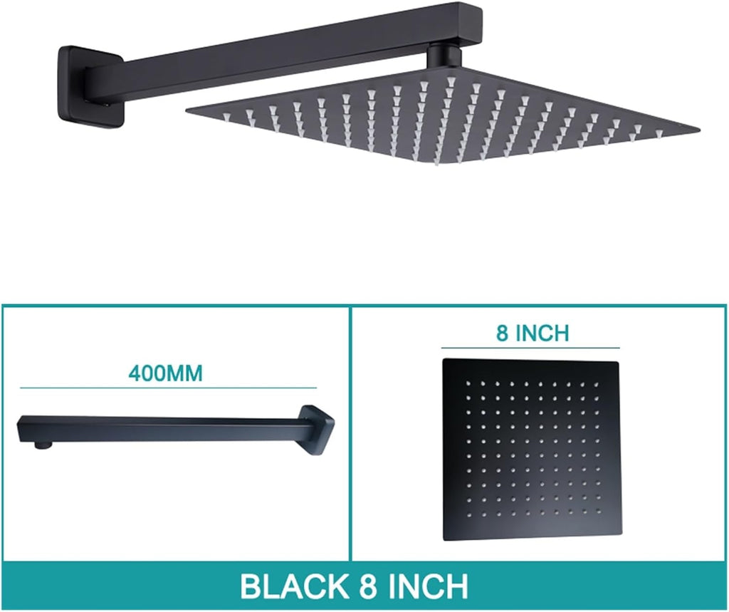 Square Wall Mounted Top Overhead Shower Bathroom Fixture Set Stainless Steel 8/10/11 Inch with Shower Arm Chrome Matt Black(Black 8 inch)