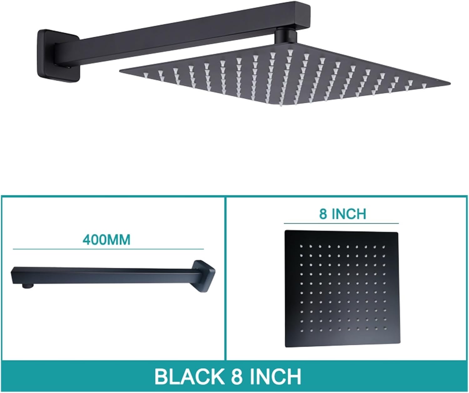 Square Wall Mounted Top Overhead Shower Bathroom Fixture Set Stainless Steel 8/10/11 Inch with Shower Arm Chrome Matt Black(Black 8 inch)