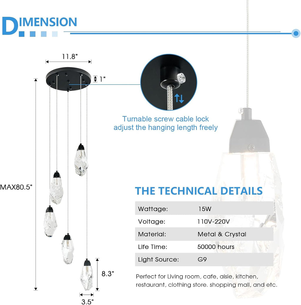 5-Light Modern Crystal Chandelier Dimmable Pendant Light Fixture with Black Teardrop Design Diamond Pendant Lighting for Kitchen Island, Dining Room, Hallway, Bathroom