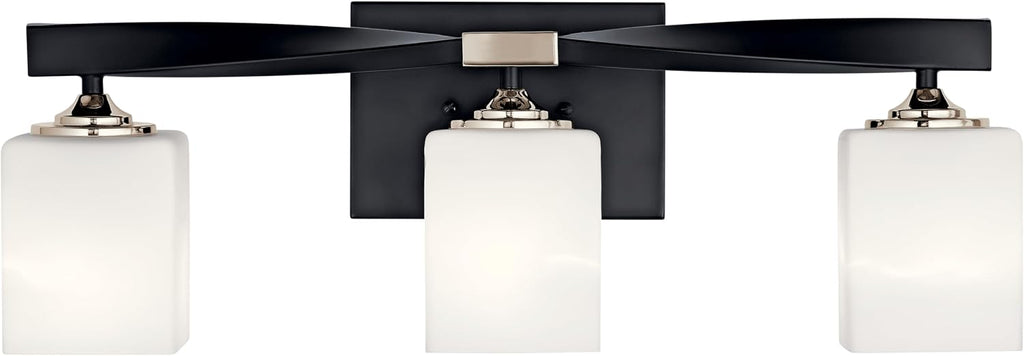Kichler Marette 22.75' Vanity Light in Black, 3-Light Modern Bathroom Light with Satin Etched Cased Opal Glass, (22.75' W x 8' H), 55002BK