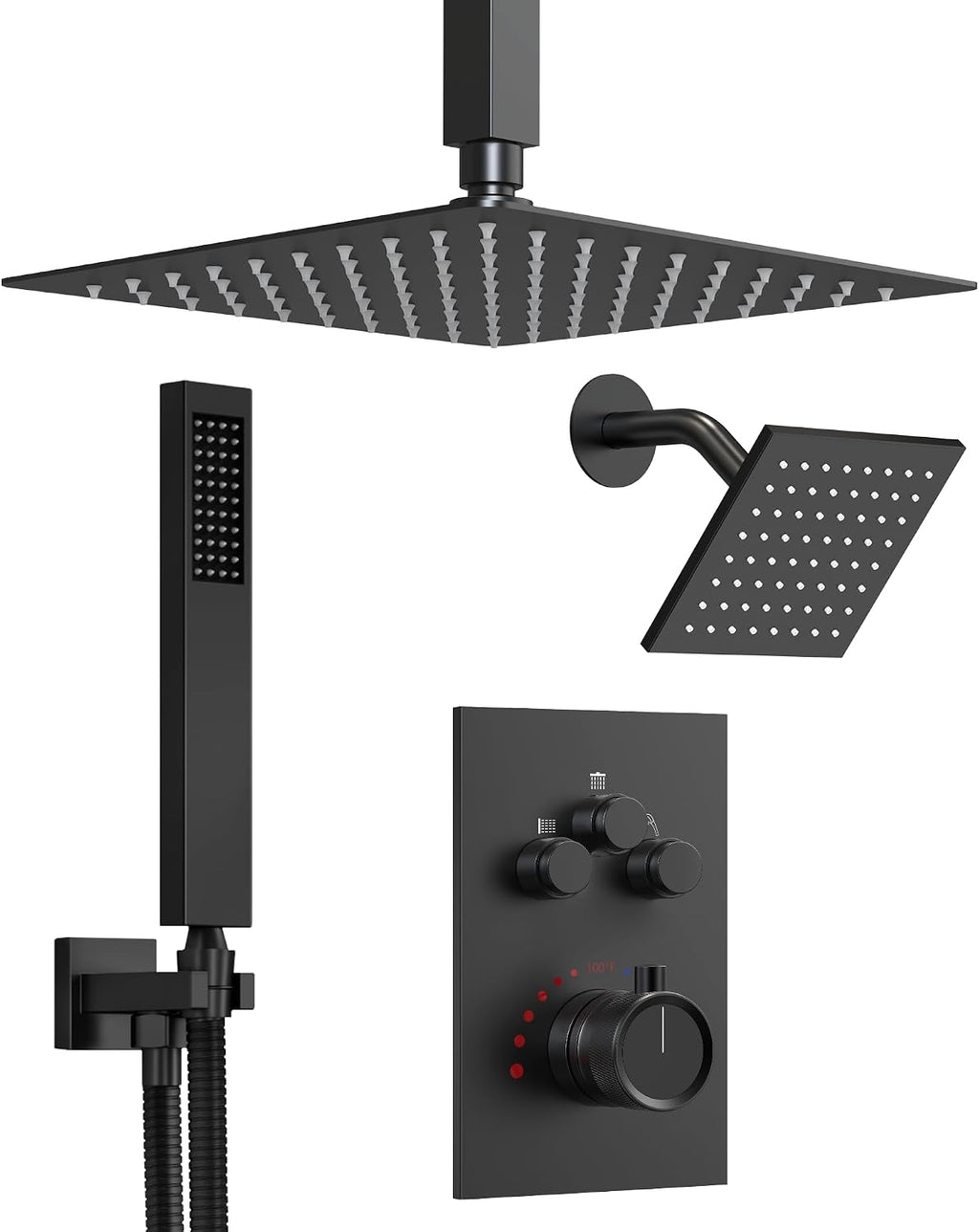 Thermostatic Shower System, 12 Inch Dual Rainfall Shower Heads for Ceilling & Wall Mounted with Handheld Sprayer, Matte Black