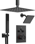 Thermostatic Shower System, 12 Inch Dual Rainfall Shower Heads for Ceilling & Wall Mounted with Handheld Sprayer, Matte Black