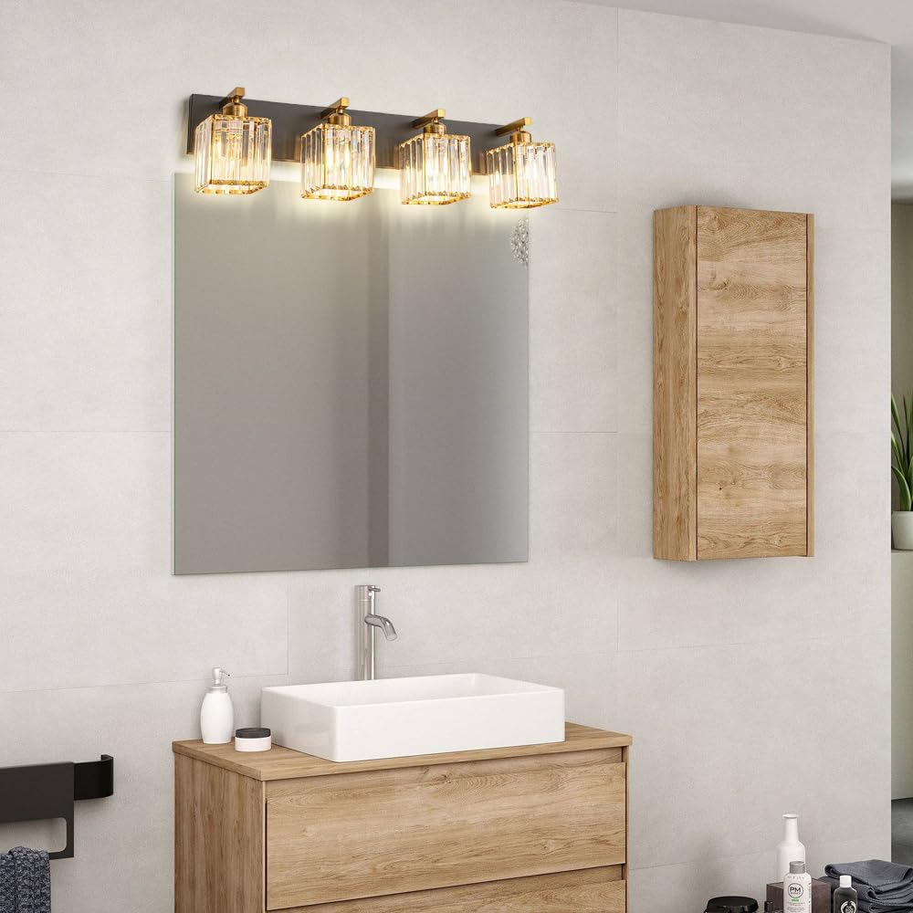 4 - Light Black d Bathroom Lighting Fixtures with Square Clear Crystal Lampshade, Modern Farmhouse Wall Lamp for Bathroom Over Mirror
