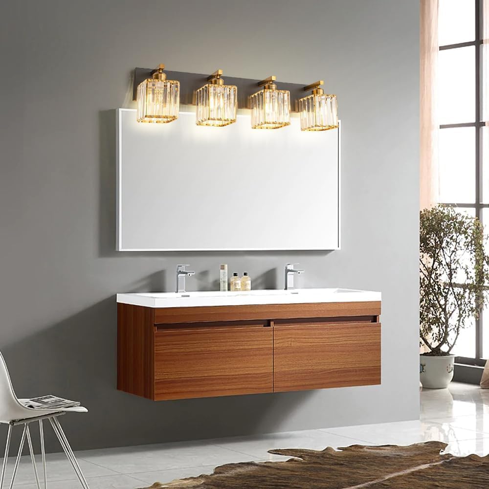 4-Light Antique Bathroom Vanity Lights - Black d Modern Fixtures with Square Clear Crystal Shades, Farmhouse Wall Lamp for Dressing Table & Mirror Lighting.