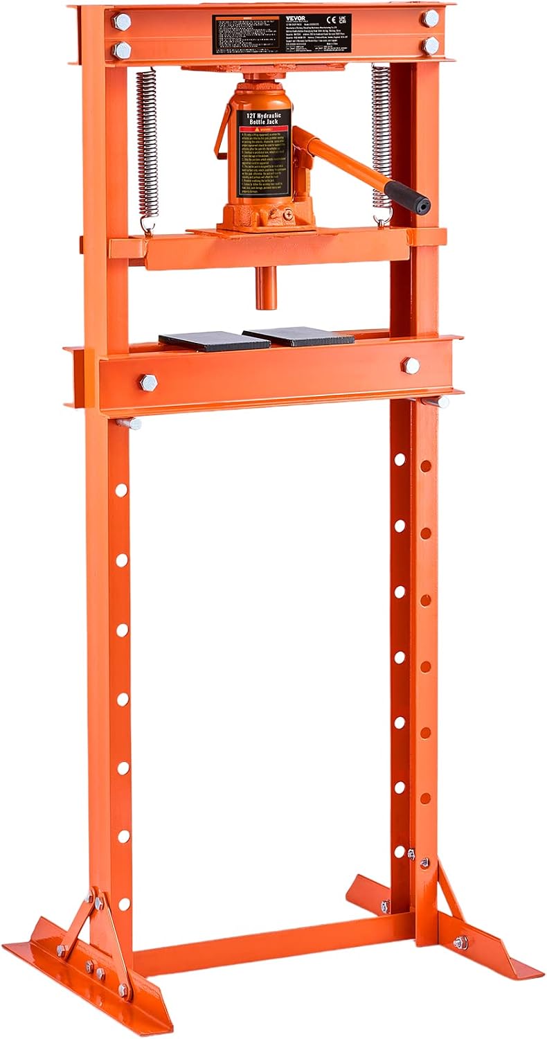 VEVOR Hydraulic Shop Press, 12 Ton/26000lbs, H-Frame, 4-Hold Adjustable Height, with Movable Plates, for Garage or Professional Users, Orange
