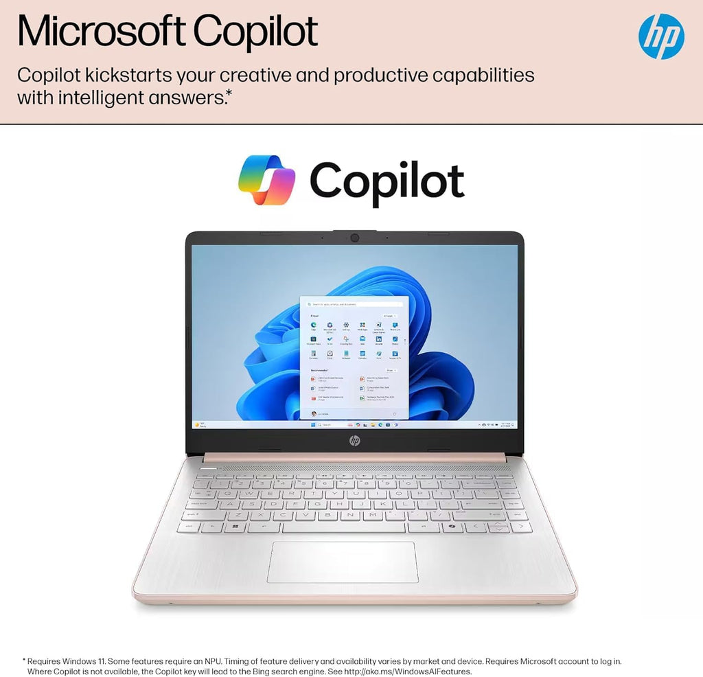 HP 14 Laptop Student Business 2025 Flagship, AI Copilot, 4-Core 13th Gen Intel CPU, 4GB RAM, 128GB UFS Storage, 1-Yr Office 365, Long Battery, Win 11S Rose Gold