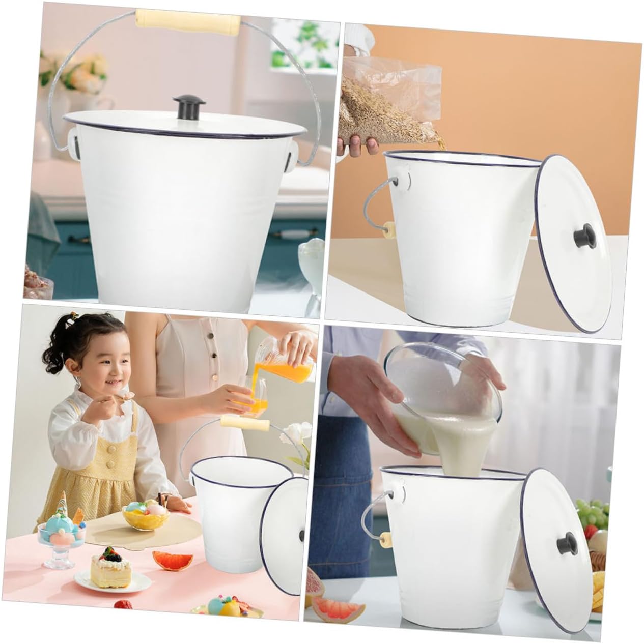 Luxshiny Enamel Milk Bucket Lid Multiuse Utility Pail for Liquid Storage Thickened Container for Milk Water and More for Household and Party Use Capacity