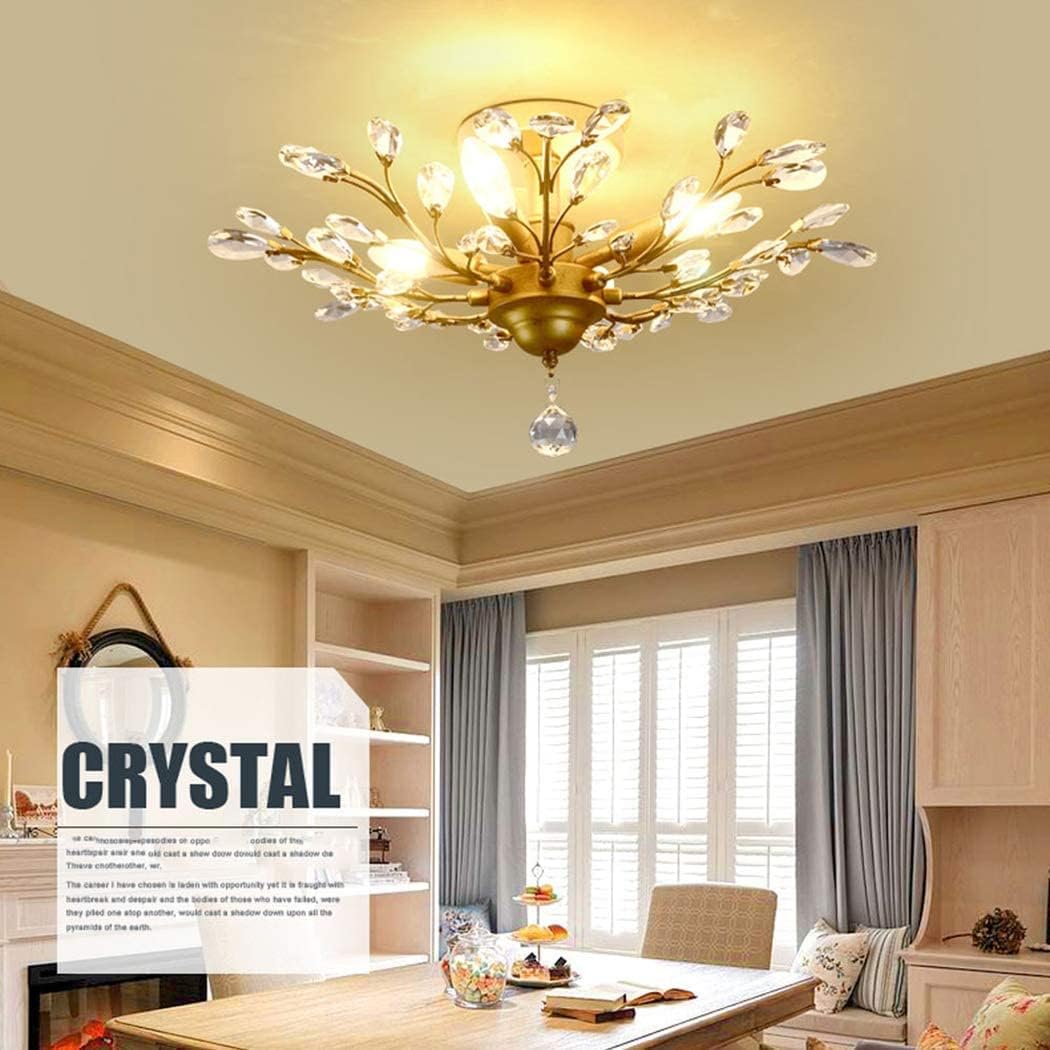 Chandeliers, V-intage Crystal Branches Chandelier Wrought Iron Ceiling Light Flush Mounted Fixture with 4 Light for Living Room Bathroom Bar Loft Club(Bronze)