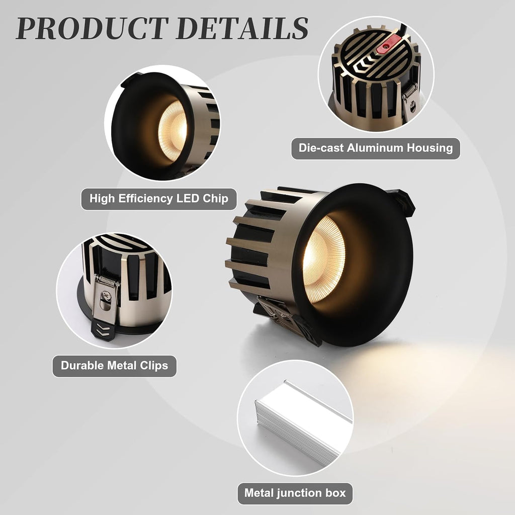 3 Inch Recessed LED Light, Dimmable Recessed Lights with J-Box, 3CCT Trimless Soffit Canless Light 3000-6000K Selectable, 12W 1300LM Black Recessed Lighting for Living Room,Kitchen (6 PCS)