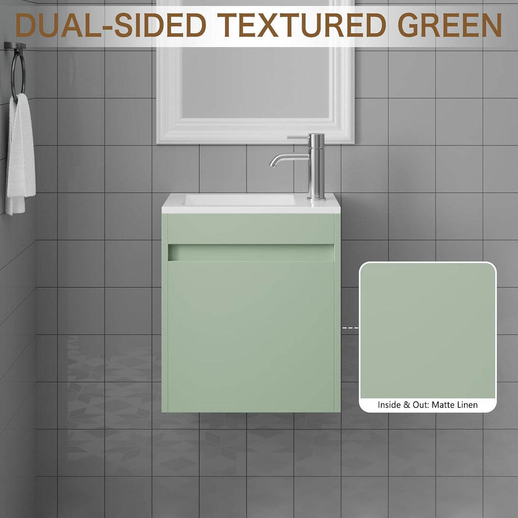 wonline 16' Small Floating Green Bathroom Vanity Sink Combo, Wall Mounted Narrow Single Cabinet with Resin Basin Sink Top, Water Saving Chrome Faucet & Pop-Up Drain