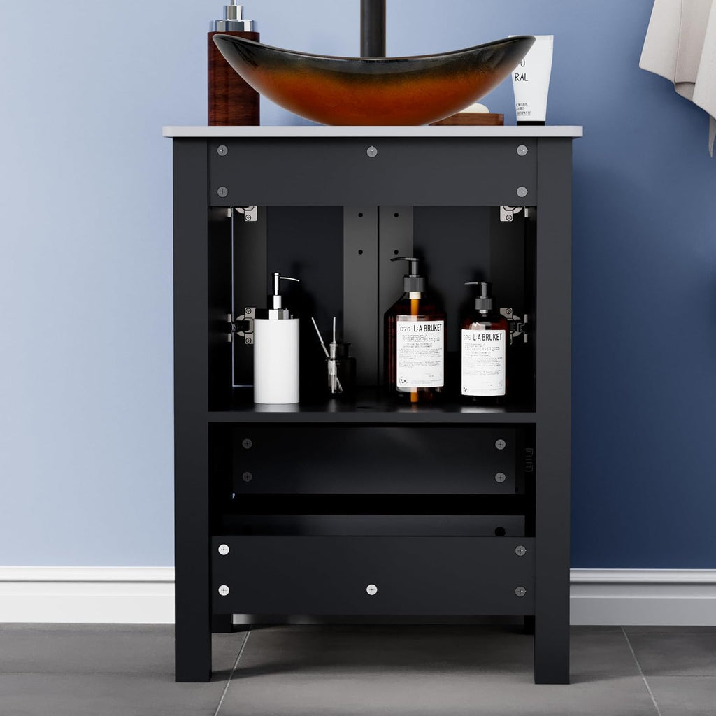 UEV 24' Black Bathroom Vanity with Vessel Sink,Modern Bathroom Vanity Cabinet, Faucet Sink Bowl,Pop Up Drain Included,Modern Brown Boat Tempered Glass Vessel Sink,Mirror Not Included(029BR-new)