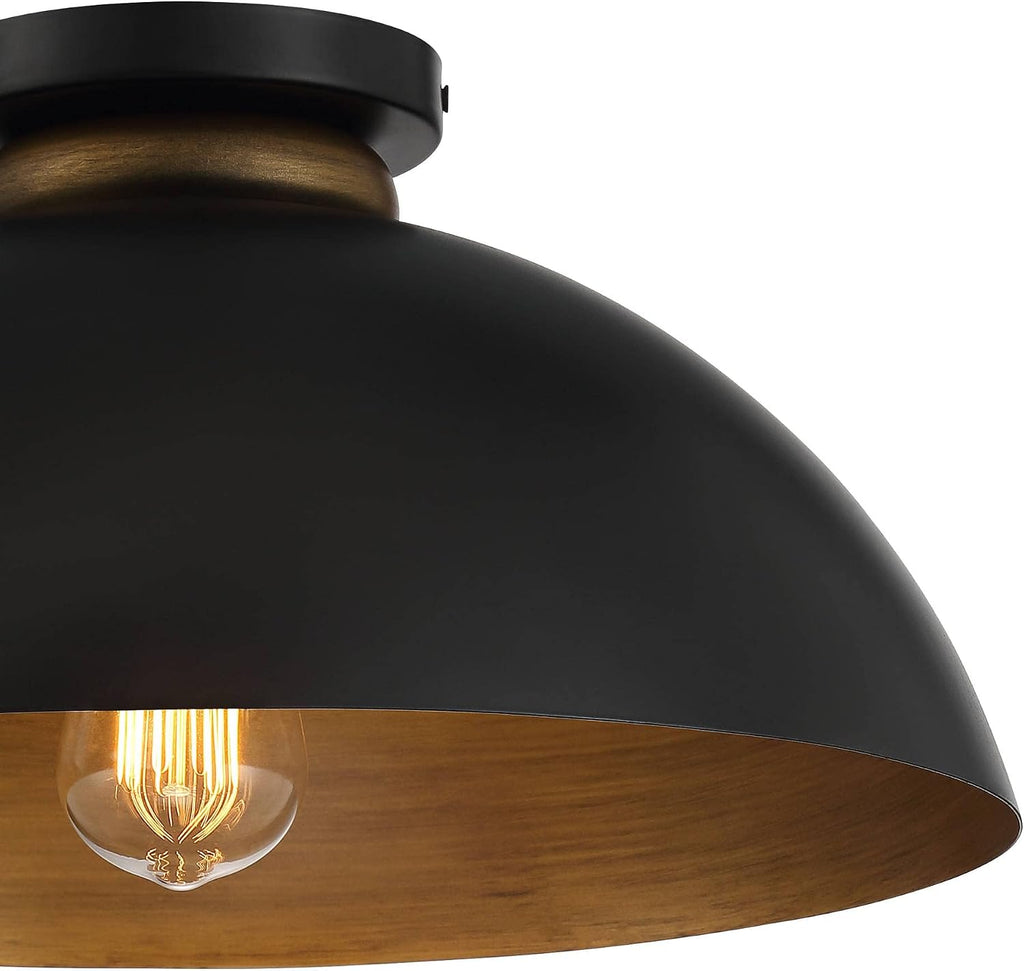 Possini Euro Design Janie Modern Industrial Semi Flush-Mount Fixture 15 1/2' Wide Black Exterior Gold Interior Dome Shade for Bedroom Kitchen Living Room Hallway Bathroom House Home