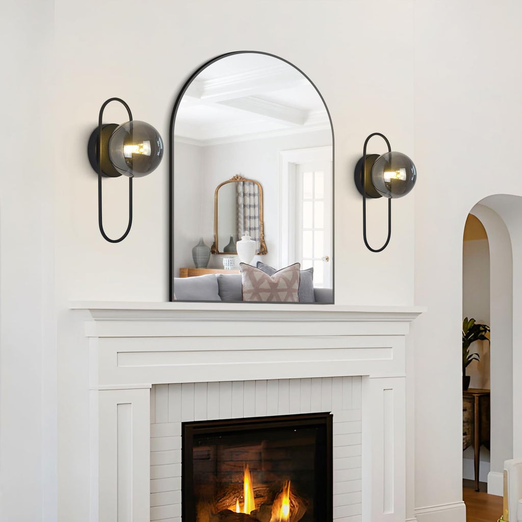 Black Globe Wall Sconce Mid Century Modern Bathroom Vanity Light Fixture Small Black and Glass Wall Mounted Light Vintage Hallway Sconces Wall Lighting (2 Pack)