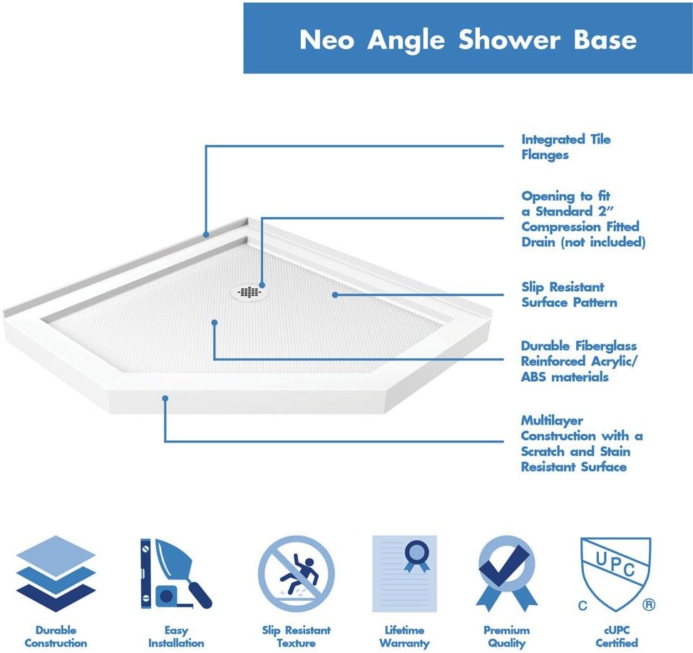 DreamLine Prism 42 inch D x 42 inch W x 74 3/4 inch H Frameless Neo-Angle Pivot Shower Enclosure in Matte Black with White Shower Base Kit