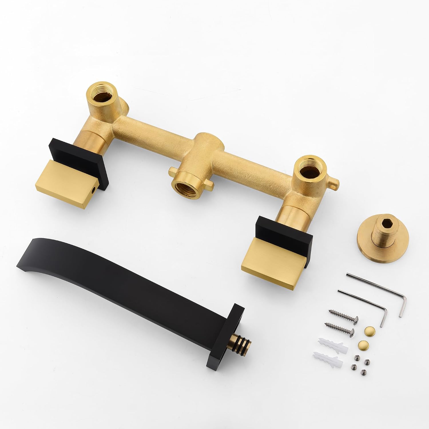 SUMERAIN Wall Mounted Faucet for Bathroom Sink Black and Gold Finish, Lavatory Basin Faucet with Two Handles and Rough in Valve