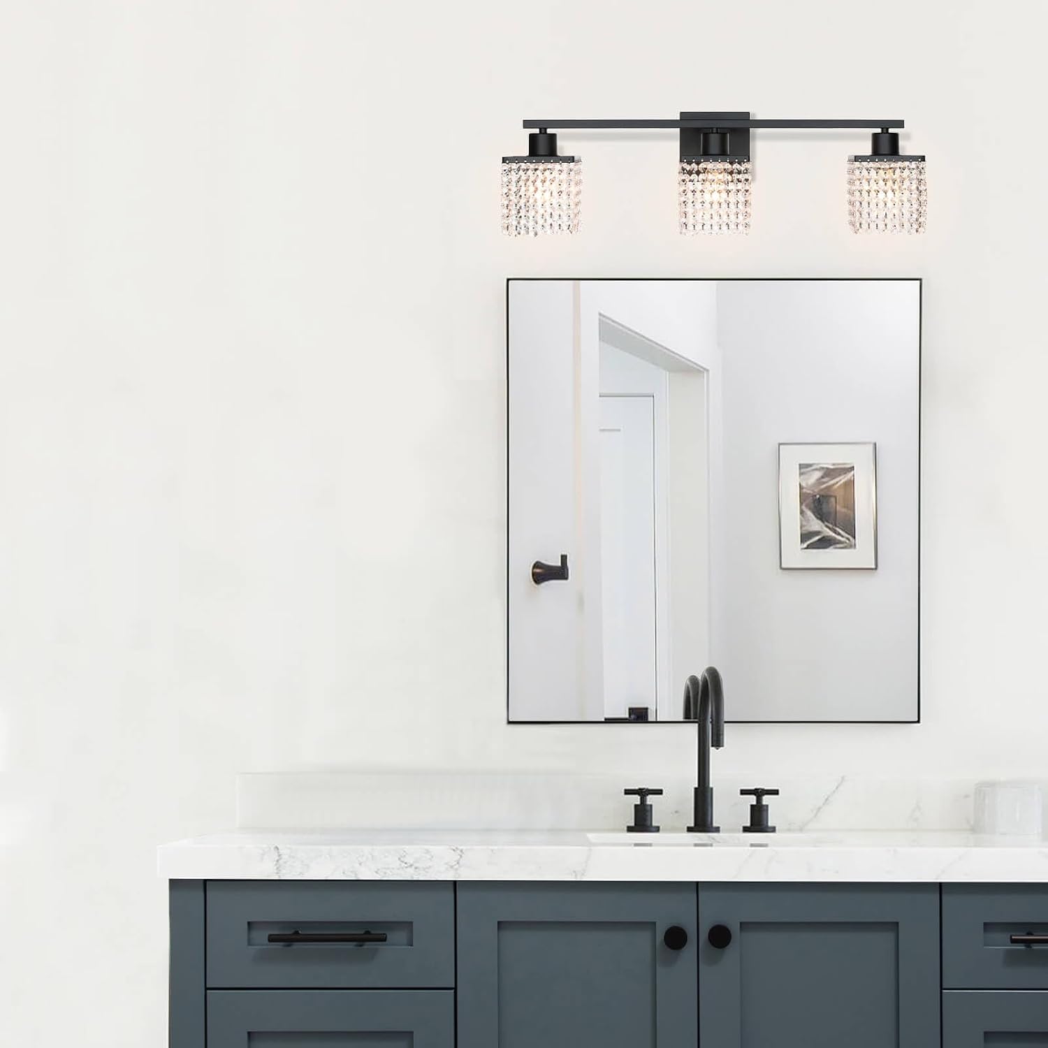 XiNBEi Lighting 3-Light Bathroom Vanity Light, Black Bathroom Light Fixtures Over Mirror with K9 Clear Crystal String Shade Modern Crystal Vanity Lights for Bathroom XB-W327-3-MB