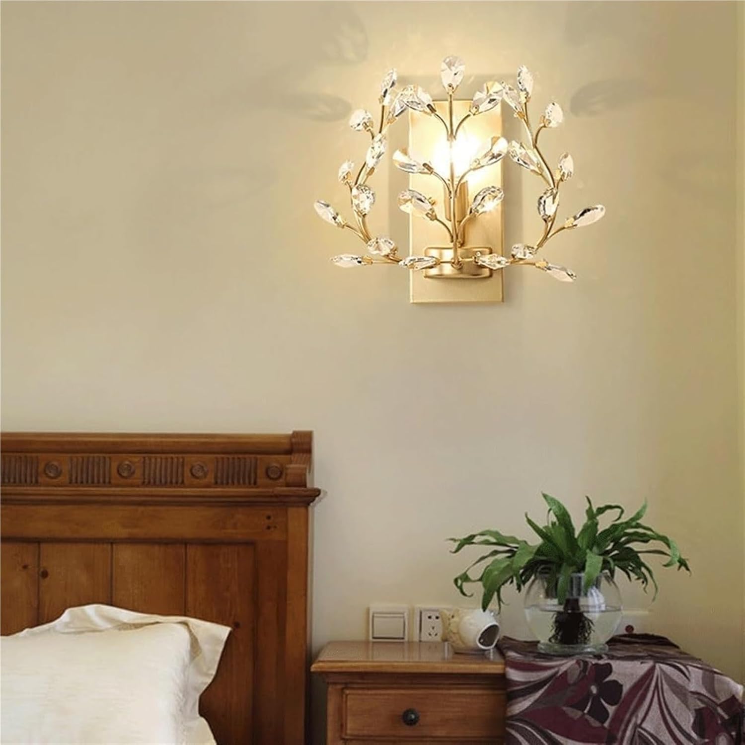E14/E12 Creative Retro Crystal Wall Sconce with Wrought Iron Crystal Branch Design, Wall Mounted Lighting Fixture for Dining Room, Bathroom, Bedroom, Living Room, Entryway(Gold)