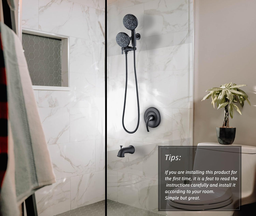 Tub Shower Faucet Set with Valve, High Pressure 3-way Water Diverter Shower Trim Kit Black