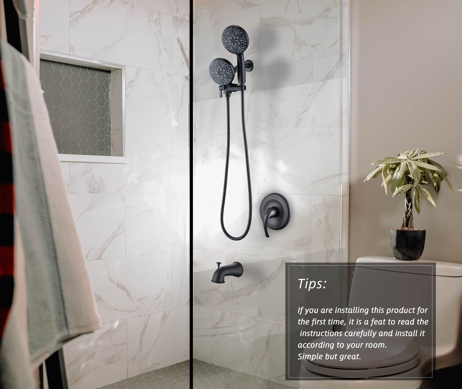 Tub Shower Faucet Set with Valve, High Pressure 3-way Water Diverter Shower Trim Kit Black