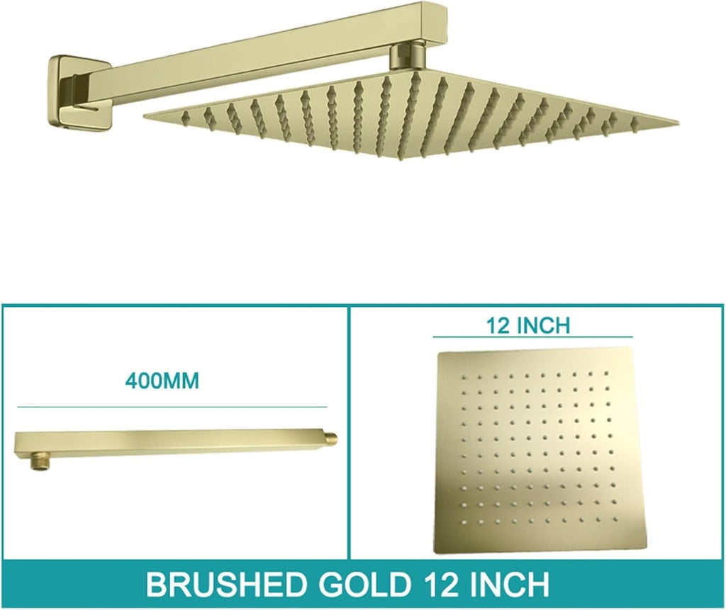 Square Wall Mounted Top Overhead Shower Bathroom Fixture Set Stainless Steel 8/10/11 Inch with Shower Arm Chrome Matt Black(Gold 12 inch)