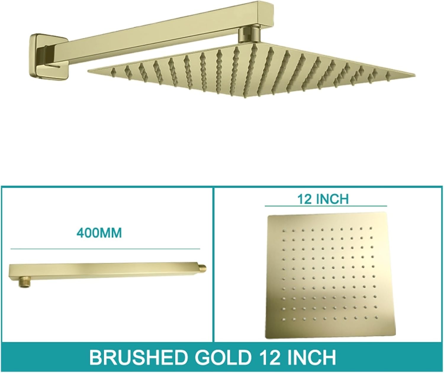 Square Wall Mounted Top Overhead Shower Bathroom Fixture Set Stainless Steel 8/10/11 Inch with Shower Arm Chrome Matt Black(Gold 12 inch)