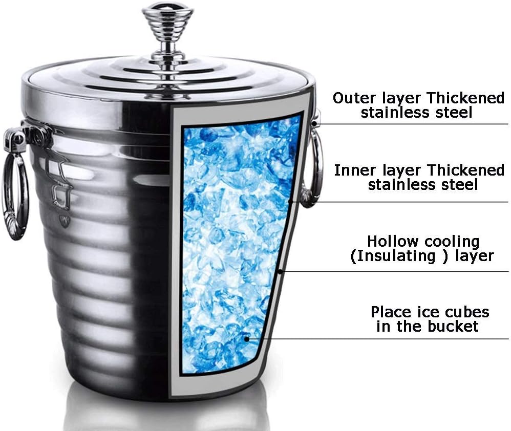 ice bucket, Ice Bucket Thick Double Stainless Steel Ice Bucket Ice Bucket Wine Red Beer Ice Bar Hotel Insulation Ice (Size : 14 * 8.21 * 15cm)