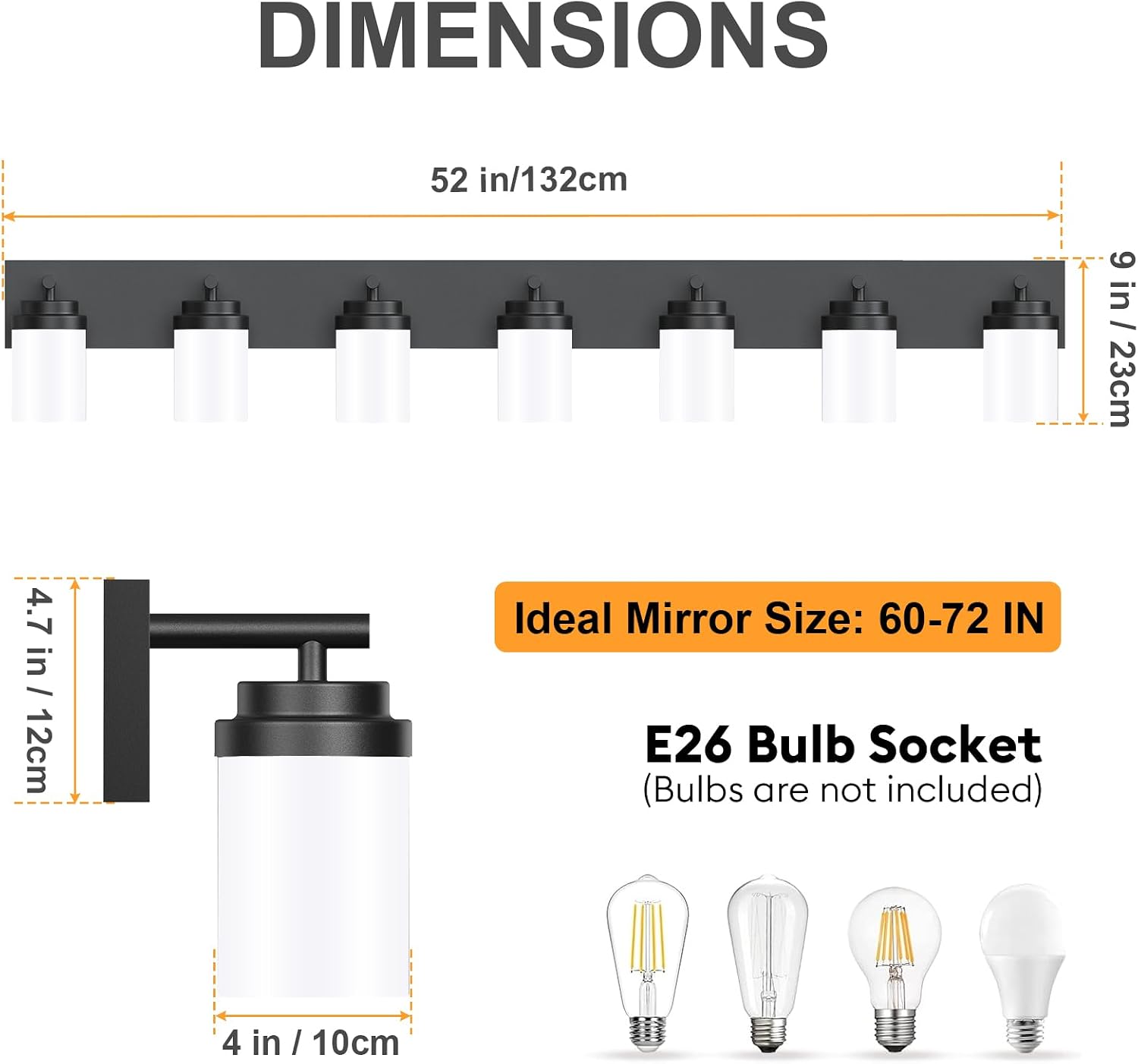 IZORRO Bathroom Vanity Light Fixture, 7-Light 52 inch Matte Black Bathroom Light Fixtures Over Mirror, with White Glass Shade, Modern Farmhouse Vanity Lights, Rustic Restroom Lighting Fixtures
