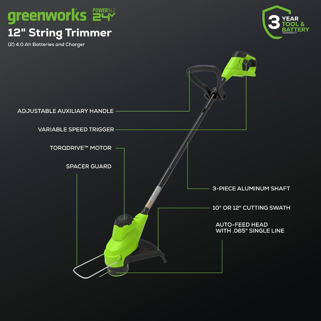 Greenworks 48V (24V x 2) 17' Brushless Mower+12' String Trimmer +320CFM Blower,(2) 4.0Ah Batteries and 2A Dual Port Charger