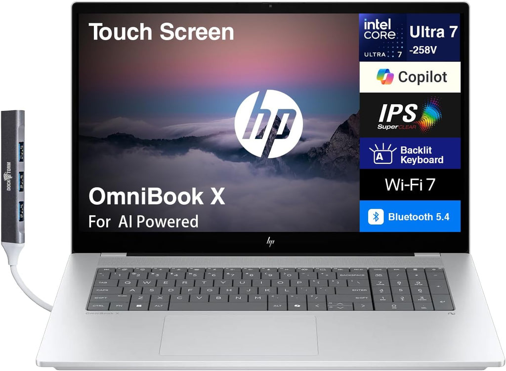 HP OmniBook X AI Powered Laptop 17.3' Touchscreen IPS FHD (Replaces Envy 17) (Intel Ultra 7-258V, 32GB LPDDR5X, 2TB PCIe SSD, Intel Arc 140V, Backlit KB, Thunderbolt 4, WiFi 7, Win 11 Pro) w/DKZ USB