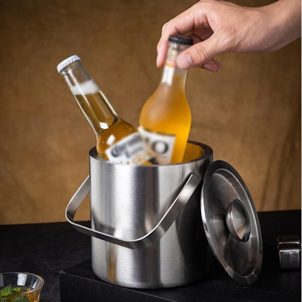 ice Bucket,Bucket with lid, Ice Buckets for Parties Metal Double Wall with Lid, 1.3L Stainless Steel Insulated for Cocktail Bar, Wine, Home Bar Accessories, Parties, Champagne Bucket Stainl