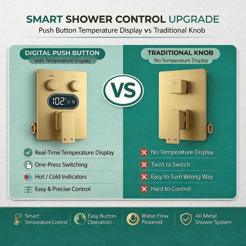 Push Button Diverter Shower Faucet Set Hydro Power Temperature Display, Shower System 10 Inch Shower Head with Handheld Spray, Wall Mounted Shower Fixtures with Valve and Trim Kit, Brushed Gold