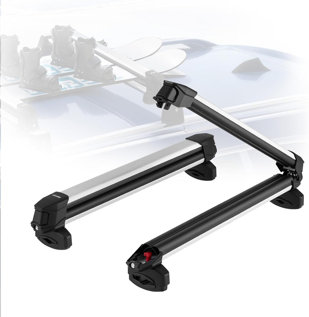 VEVOR Ski & Snowboard Roof Rack, Carry up to 6 Pairs of Skis or 4 Snowboards, 2 PCS Aluminum Universal Car Roof Rack Top Holder with Lock and Rubber Padding for Fishing Pole Rod, Fit Most Crossbars