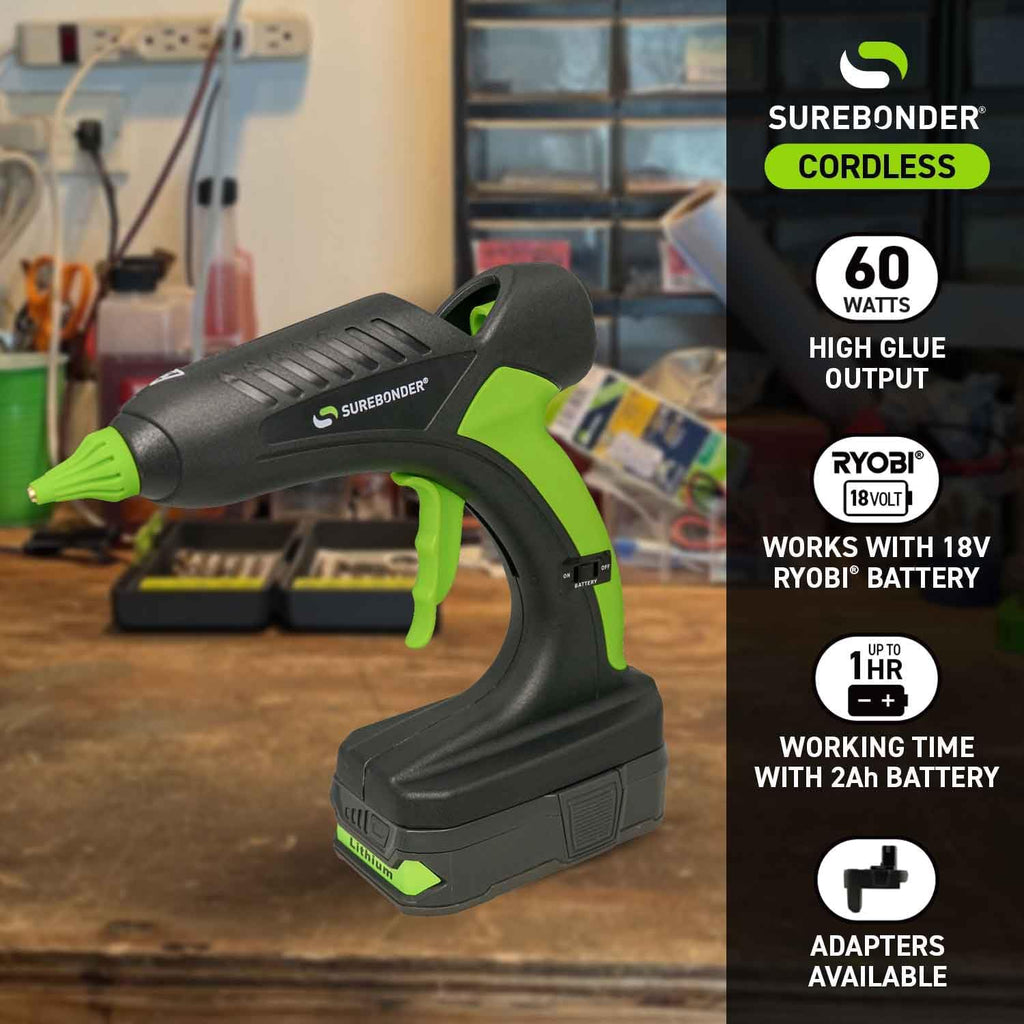 Surebonder 60 Watt Ryobi Type 18 Volt Battery Powered Cordless Professional Heavy Duty Full Size Hot Glue Gun with Battery and Charger Included