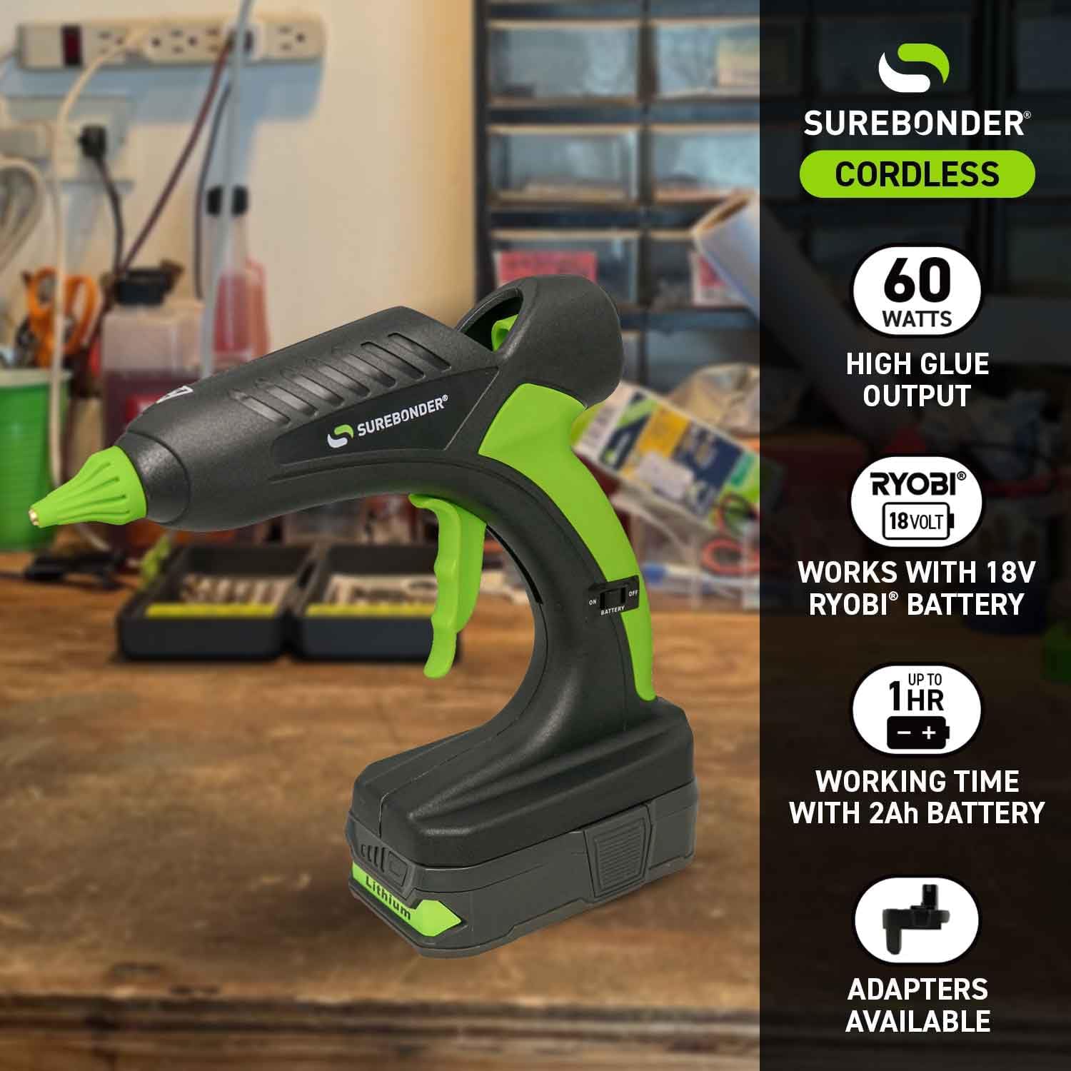 Surebonder 60 Watt Ryobi Type 18 Volt Battery Powered Cordless Professional Heavy Duty Full Size Hot Glue Gun with Battery and Charger Included