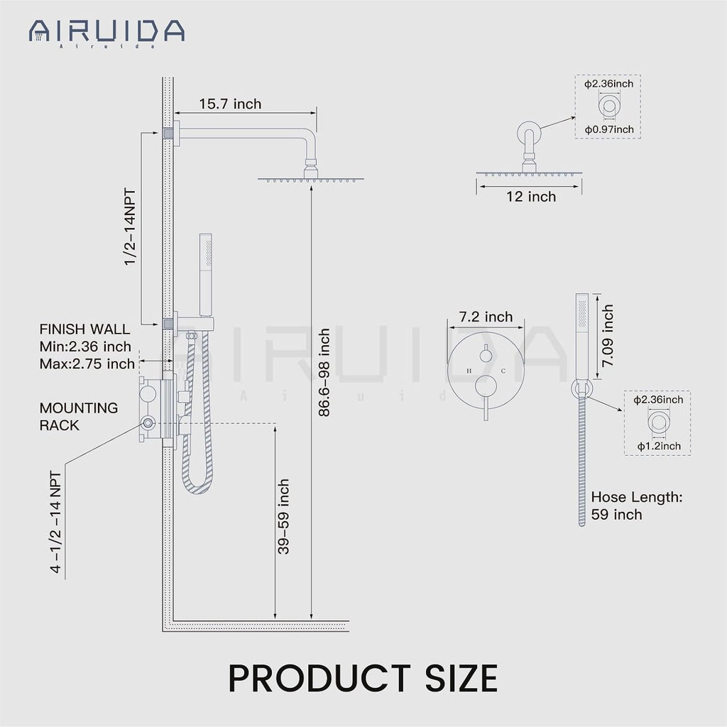Airuida Shower Faucet Set, Bathtub Faucet Set with 12 Inch Rain Shower Head and Valve,2 Functions Tub Shower Faucet Set for Bathroom-Brushed Gold