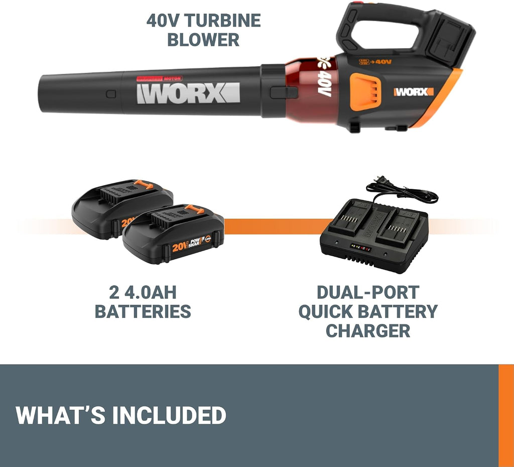 WORX Cordless Leaf Blower, Electric Blower for Lawn Care wth Brushless Motor, 2 × 2.5 Ah Batteries & Charger Included, WG584
