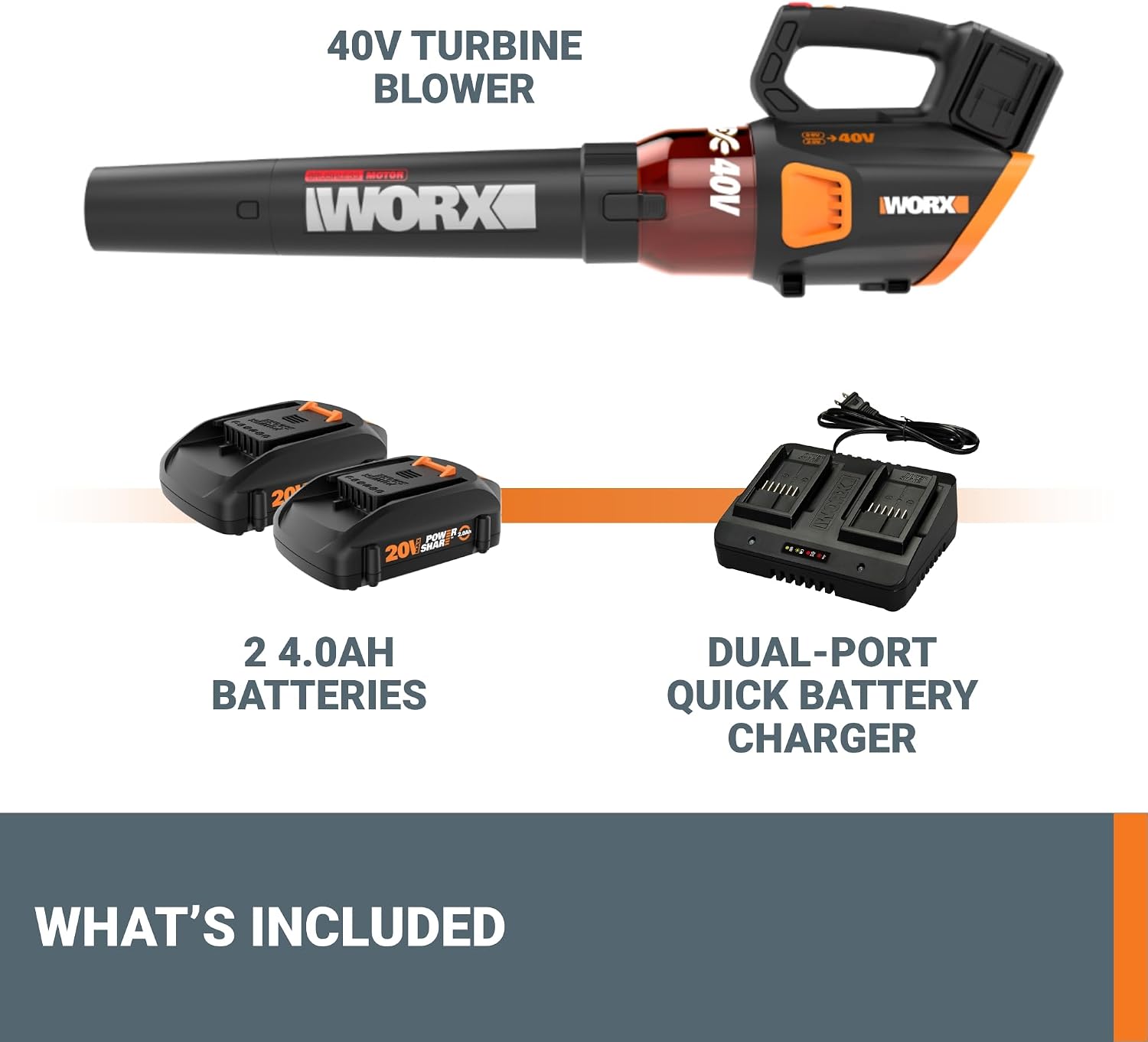 WORX Cordless Leaf Blower, Electric Blower for Lawn Care wth Brushless Motor, 2 × 2.5 Ah Batteries & Charger Included, WG584