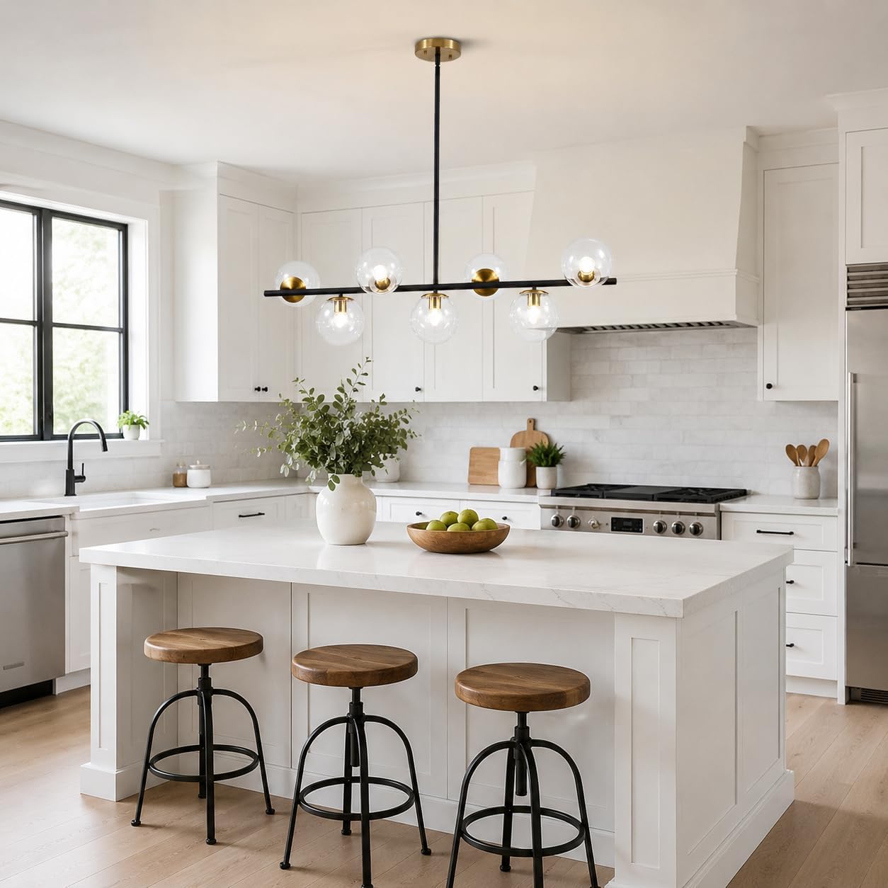 KCO Lighting Black and Brass Chandelier Light Fixture 7 Light Clear Glass Bubble Chandelier Modern Large Globe Sputnik Chandeliers Farmhouse Gold Linear Kitchen Pendant Lighting