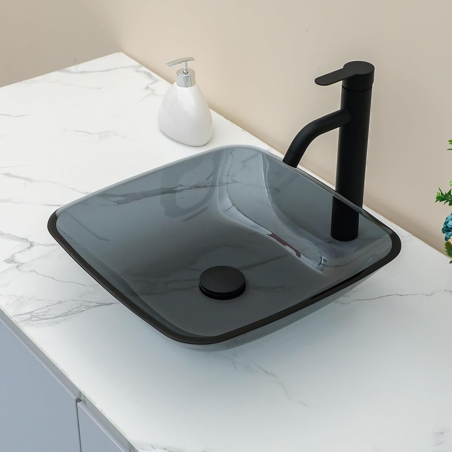 Sarlai Bathroom Vessel Sink Tempered Glass Bowl Vessel Sink with Pop-up Drain Combo 16x16 Inch Grey Rectangular Countertop Bathroom Sink Basin