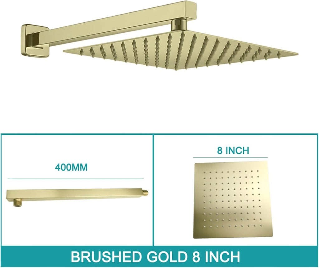 Square Wall Mounted Top Overhead Shower Bathroom Fixture Set Stainless Steel 8/10/11 Inch with Shower Arm Chrome Matt Black(Gold 8 inch)