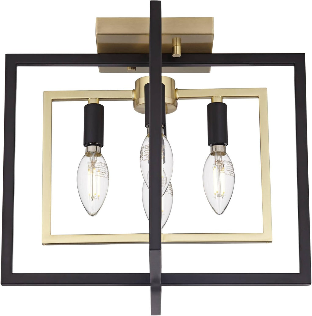 Possini Euro Design Nima Modern Glam Ceiling Light Semi Flush-Mount Fixture Black Gold 13' 4-Light Open Metal Frame for Bedroom Kitchen Living Family Room Hallway Dining Bathroom House Decor
