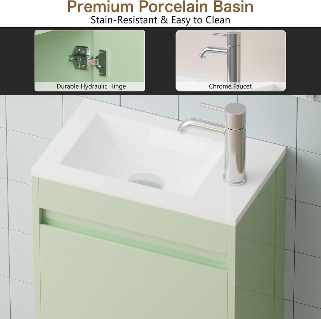 wonline 16' Floating Bathroom Vanity with Sink, Wall Mounted Resin Basin Cabinet Combo for Small Bathrooms, High Gloss Green, Includes Chrome Faucet & Pop Up Drain