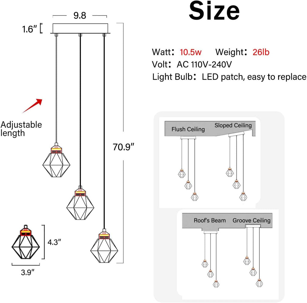 3-Lights Kitchen Island Pendant Lights Black Mini Chandeliers for Dining Room Crystal Pendant Lighting Ceiling Lights for Hallway Foyer Living Room