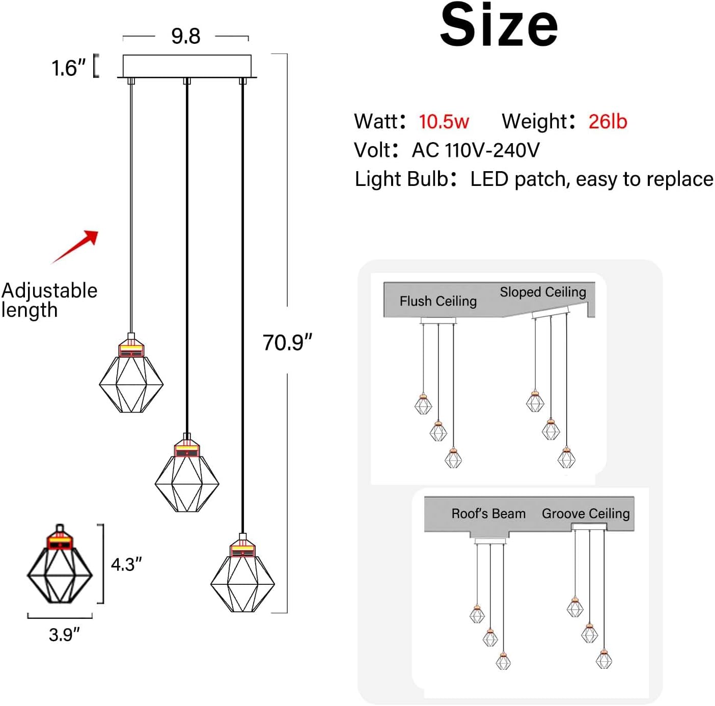 3-Lights Kitchen Island Pendant Lights Black Mini Chandeliers for Dining Room Crystal Pendant Lighting Ceiling Lights for Hallway Foyer Living Room