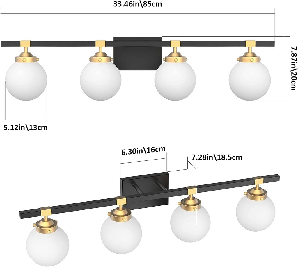 Tipace 4 Lights Mid Century Modern Bathroom Vanity Light Fixtures Over Mirror,Black/Golden Vanity Lights with Milk White Glass Globe for Bathroom(Exclude Bulb)