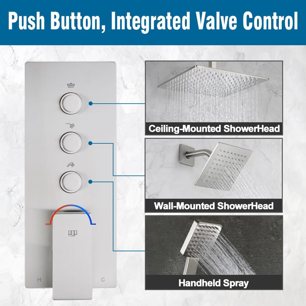 Shower Faucet Set Brushed Nickel Bathroom Rainfall Shower System, 12 Inch Ceiling Mount Shower Head with 6 Inch Wall Mount Shower Head, Include Shower Valve and Trim Kit