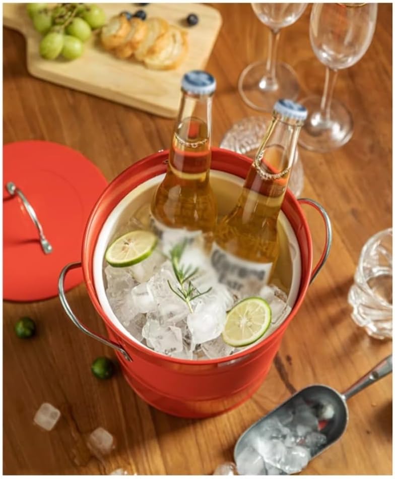 Ice Bucket 3.5 Liter Double Wall Ice Bucket Insulated Ice Buckets with Lid and Scoop Thickened metal Ice Buckets, Party Beverage Tub for Home Kitchen Parties Cocktail Bar(Red)